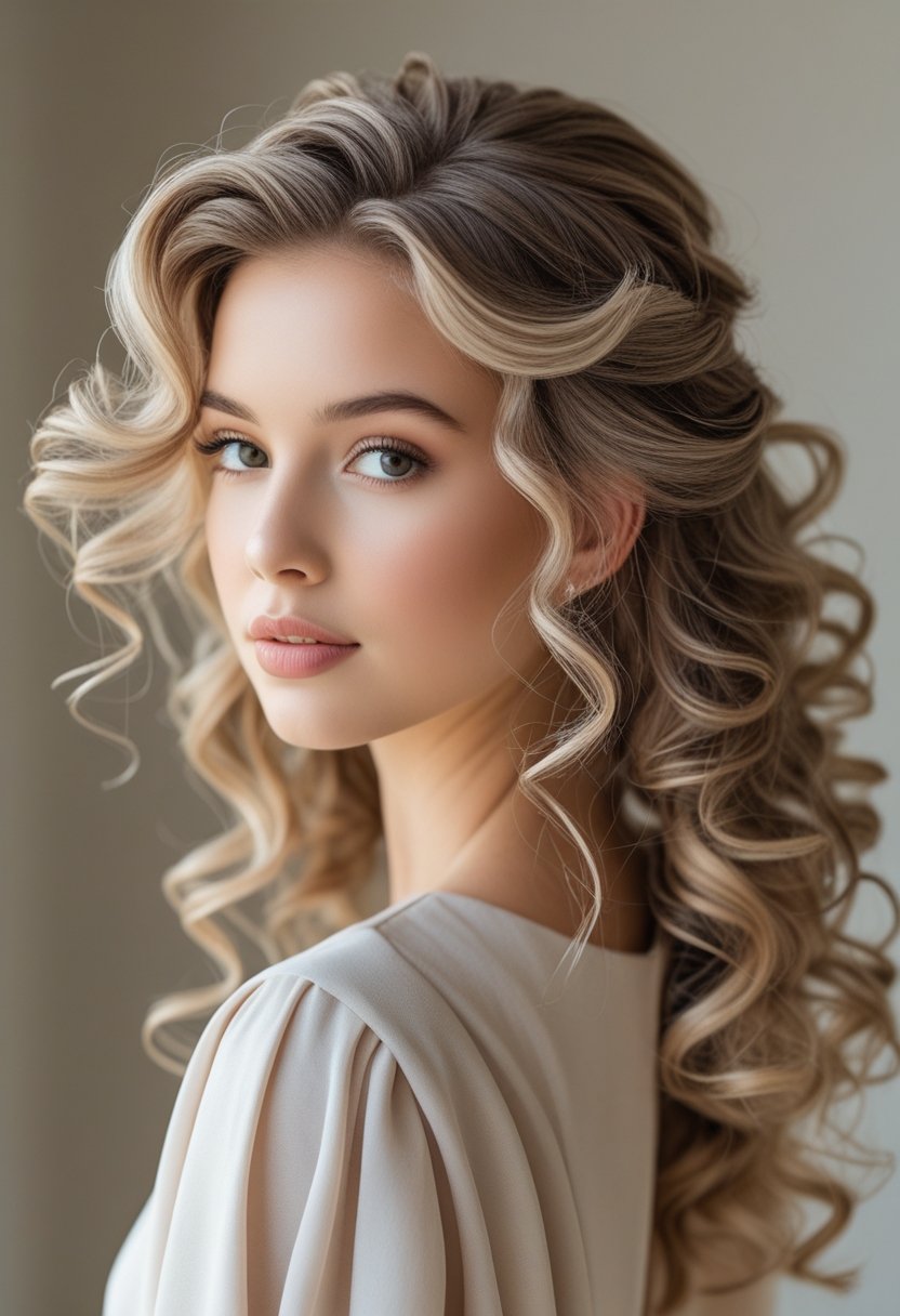 A young woman with soft curls and waves styled for an engagement, posing against a neutral background.